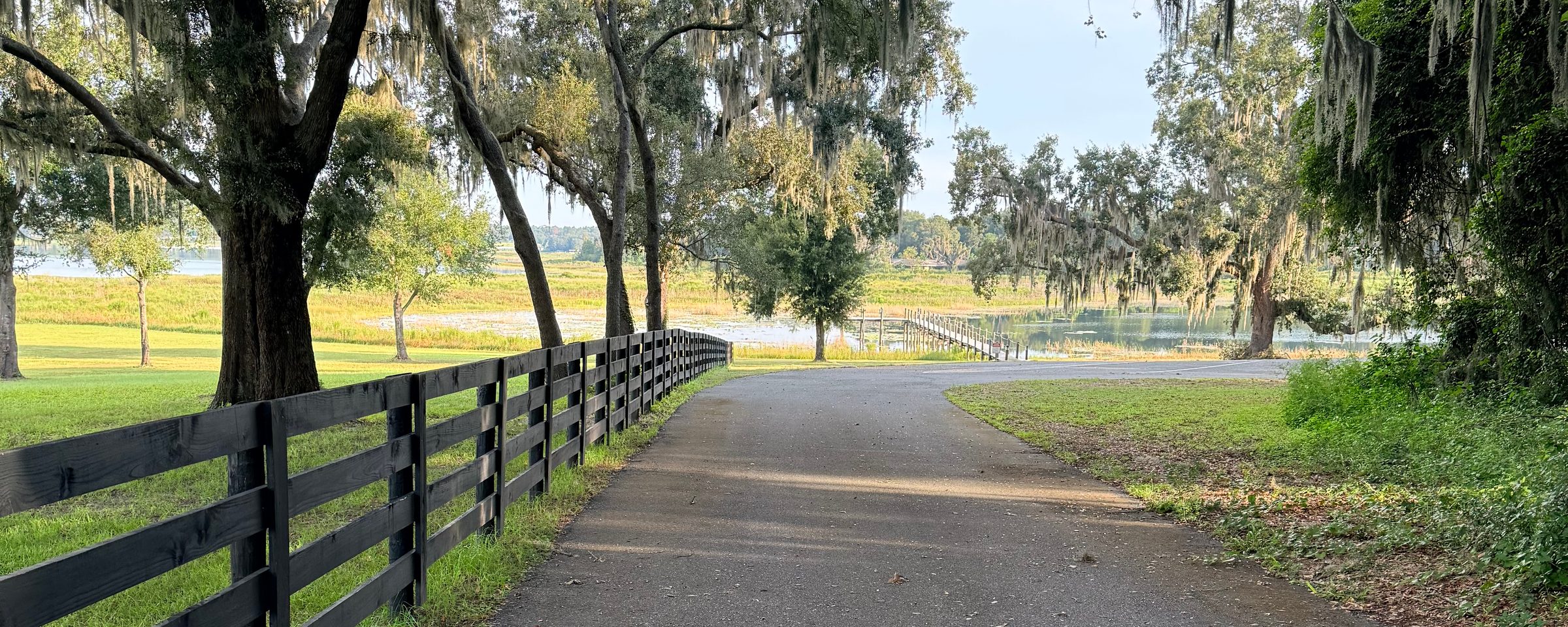 Fence-lined lane under live oaks leading down to Smith Lake