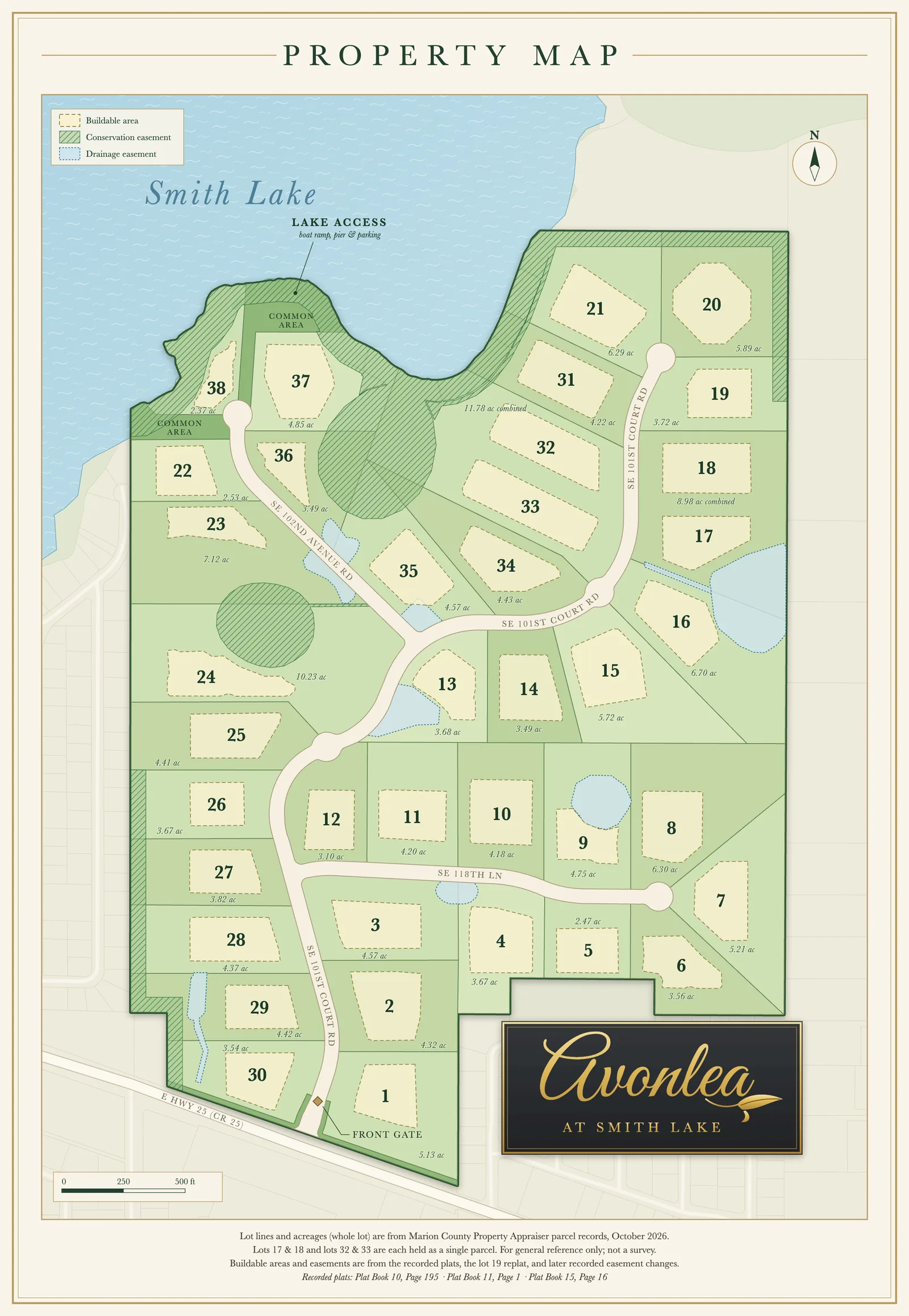 Map of Avonlea at Smith Lake. Lots 1 through 38 are shown with their acreages along SE 101st Court Road, SE 102nd Avenue Road, and SE 118th Lane, and each lot shows its buildable area from the recorded plats. Conservation easements are hatched in green and drainage easements are shaded blue. Smith Lake and the lake access common area are at the north end, and the front gate is on E Hwy 25 at the south end.